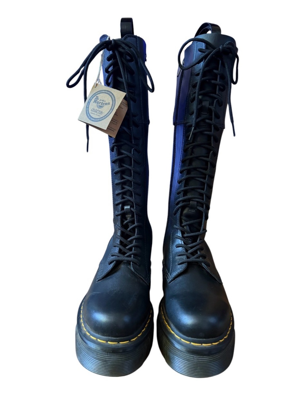 Dr. Martens Black Lace-Up Over-the-Knee Platform Boots with Yellow Stitching